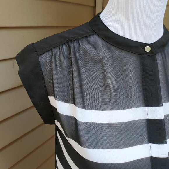 Liz Claiborne Striped Button-Up Blouse Black White Sheer High Neck Short Sleeves - Picture 5 of 11
